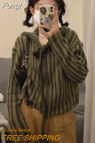 90s Vintage Green Hooded Knitted Cardigan Women Harajuku Kpop Zip Up Cropped Sweater Fairy Grunge Loose Y2K Tops