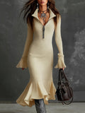 Fongt Fashion Elegant Temperament Zippered Horn Sleeve Knitted Fishtail Skirt