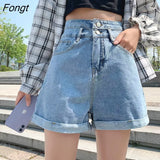 Women Wide Leg Shorts Denim Button-fly High Waist Harajuku BF Loose Korean Style Students Leisure Streetwear Summer Hot