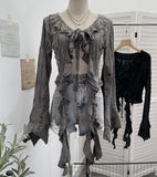 Fongt Wasteland Wind Irregularly Drifted With Lotus Leaf Edge Strap With Hole Open Shirt Short Long Sleeves 9256