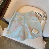 Advanced Sense Shorts Girls 2023 Summer Embroidery Retro High-End Trousers Satin Wide Legs Blue Hip Pants-Outfit