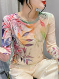 Spring Summer Intimated Silk Fabric T-shirts For Women Fairy Printing Floral Tee Shirt Female Slim High Stretch Top-Outfit
