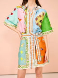 Fongt Spring-Summer Women's High-End Print Holiday Collared Short-Sleeved Dress Woman