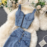 Fongt Kong Style In Women's Clothing Set 2025 New Female Sense Short Sling Vest High-Waisted Denim Skirt Tide