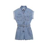Women Fashion Denim Jumpsuits Shorts Vintage Short Puff Sleeves Back Elastic Button Female Playsuits