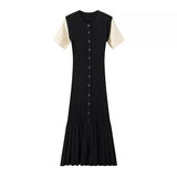 Fongt Women's Clothing Exploding Fashion Simple Solid Color Button Short Sleeves Knitted Dress
