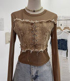 Vintage Babes Cowboy Spliced Tiring Strapped With Long Sleeves Short Mesh T-Shirt