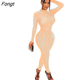 Diamonds Sheer Mesh Jumpsuit Women Sexy See Through Mock Neck Long Sleeve Slim Night Clubwear Female Party