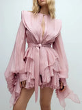 Fongt Leaf Lantern Sleeve Dress Women 2025 Summer New Temperament Elegant Simple Casual Fashion Beach