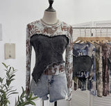 Fongt Shooting Tie-Dye Print Spliced Denim T-Shirt Girl Autumn Design Sense Irregular Hair Side Short-Sleeved Top 2617