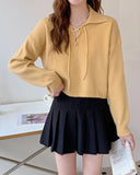 The New Korean Version Lace-Up Pullover In Spring 2024 Is Girly With Polo Collar And Simple Bottomed Sweater.-Outfit