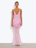 Fongt Women's V-Neck Sexy Suspension Slings Lown Repairs Beads Fishtail Dress 8106