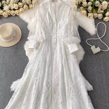 Fongt Retro Elegant Dress Woman 2025 New High-End Collar Single Buckle Waist Embroidery Mesh Dress