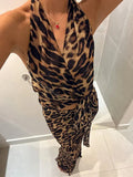 Women Sexy Backless Sleeveless Leopard Print Suits Fashion Slim High Waist Wrap Hips Skirts 2 Piece Sets 2024 Vocation Outfits-Outfit