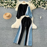Fongt Denim Set Female Retro Casual Color Long-Sleeved Sweater Denim Spliced Broad Leg Pants Two Sets