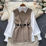 Light Luxury Ladies Dress Set Women's Loose Long-sleeved White Shirt Top + Slit Knitted Vest Vest Two-piece Set-Outfit