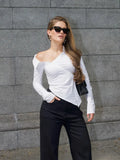 Fongt Autumn Irregularly Exposed Shoulder Buckle Shirt Female Pure Desire To Slim Slim Personality Design Fashion Top