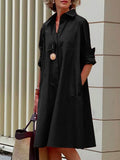 Down Collar Lady Solid Office Dress Elegant Women Club Party Pockets Dresses Casual Patchwork Long Sleeve Loose Waist