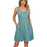 / Summer 2023 Solid Color Sleeveless Button Pocket Round Collar Slit Closed Waist Dress-Outfit