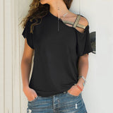 Fongt Explosion Casual Slanted Shoulders Cross Irregular Short-Sleeved Print Women T-Shirts