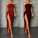 Sequin Strapless Evening Dress Women 2023 Spring Sexy Red High Slit Dresses Elegant Dress Women Party Club Dress Women-Outfit