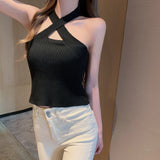 Fongt Summer New Small Sexy Black Thin Hanging Neck Cross Knitting Umbilization Sling Bottom Vest