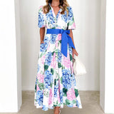 Fongt Printed Bohemian Dress Spring Summer New Short-Sleeved Belt A-Shaped Dress Lady