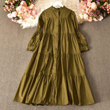 Temperament Aging Solid Color Simple Dress Autumn Dress Korean Version Fashion Bubble Long Sleeves Show Thin Button Long Skirt Women-Outfit