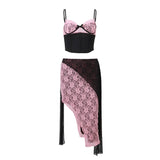 Fongt 2023 New Women's Sexy Lace Color Strap Top With Waist Skirt Suit