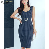 Han Queen Elegant Vintage Stripes Pencil Dress Women's Slim Tank Summer Sheath Bodycon Dresses OL Office Party Vestidos