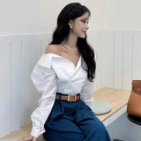 Shirts Blouses Elegant Feminino Blusas Mujer Full Sleeve Camisas Clavicle Exposed Ropa Spring Lapel Womens Clothing-Outfit