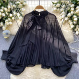 Fongt Top Spring Fashion Bow Tie With Lantern Sleeves Long Sleeves Loose Shirt Woman