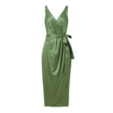 Women Sexy Straps Deep V Neck Dress 2022 Elegant Summer Solid Satin Midi Sundress Casual Lace Up Party Vestido Sarafans