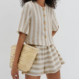 Fongt Women's Short Sleeve Striped Shirt Shorts Set Stylish Loose Breathable Two-Piece Set-Outfit