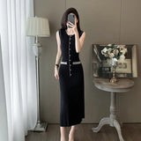 Fongt Elegant Sleeveless Round-Necked Pearl Knitted Long Dress Summer New High-End Simple Dress
