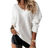 Women's Wear Solid Street Hipster Color Sweater V-neck Long Sleeve Pullover