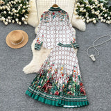 Fongt Suit Female Retro Color Print Bran Long-Sleeved Shirt + High-Waist A Word Half-Dress Skirt