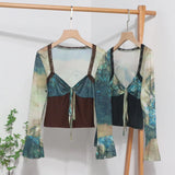 Fongt Spring Dress French Court Style Lace Lace Spliced Printed Horn Long-Sleeved T-Shirt 82236