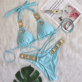 Fongt New Bikini Sexy Crystal Diamond Swimsuit Bandage Split Vintage Swimsuit