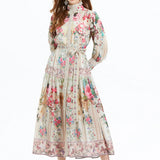 Fongt Court-Styled Dress Women's Lantern Sleeves With Belt Strap Single Buckle Design Temperament Long Dress