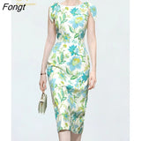 Han Queen Elegant Fashion Print Slim Office Pencil Dress Women's Korean Sheath Pencil Dresses Mid-Calf Party Bodycon