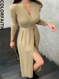 New 2022 V-Neck Lace Up Knitted Split Fashion Elegant Lady Autumn Winter Women Sweater Dresses Long Dresses
