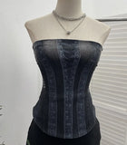 Fongt Denim Print Strap-On Corset Tsets Tsets Tsets Tsets Sleeveless Short Tops