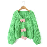 Fongt Bow Sweater Cardigan Jacket Languid Short Heavyweight Knitted Jersey Woman