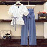 Suit Women's Summer 2022 New Korean Version Of Loose Tie Casual Tops High Waist Wide Leg Pants Two-piece