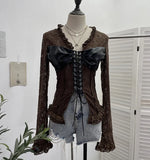 Fongt Shooting V Tie With Retro 2025 New Hottie Sexy Lace Splicing Pu Leather Hollow Shirt Top 6108