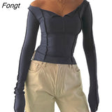 Women Y2k Ruched Slim Fit Crop Tshirts Long Sleeve Low Cut Fitted Knit Shirt Top Sexy Ribbed Cropped Blouse Tee Tops