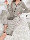 Pajamas Women Simple Fashion Collar Casual Bow Long Sleeve Trousers Homewear Suit