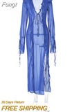 Through Maxi Dresses for Women 2023 V Neck Split Bodycon Mesh Dress Long Sleeve See Through Cover-Ups for Beach