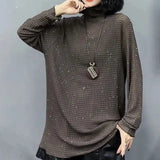Sequined Pullovers Casual Pile Collar Female Clothing All-match Solid Color Spring Autumn Korean Commute Loose T-shirt-Outfit